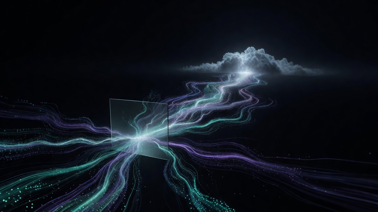 Abstract illustration of data streams flowing from a browser window outward to a distant cloud node