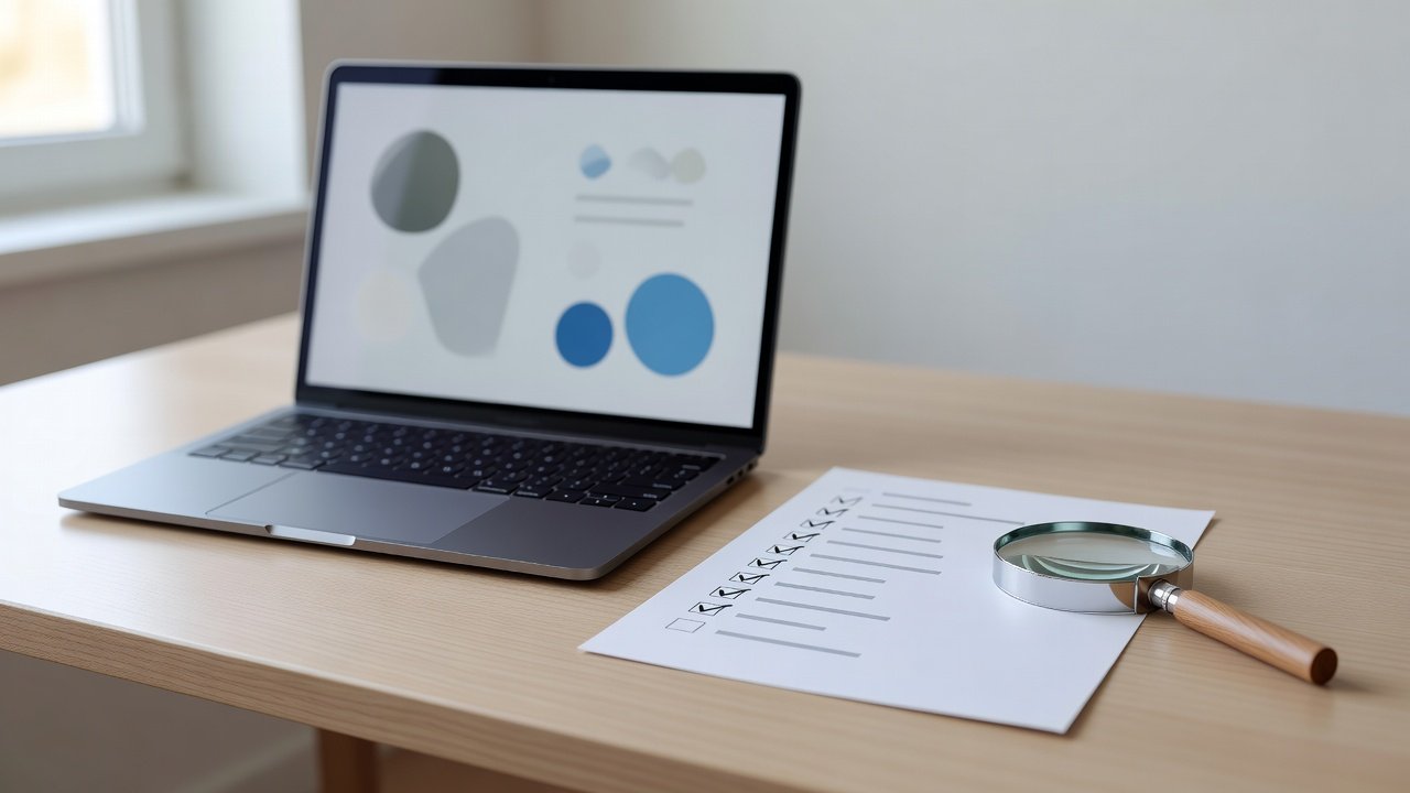 Photorealistic desk with a laptop and a paper checklist beside a magnifying glass, suggesting a compliance review