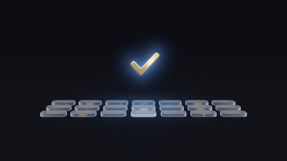 Abstract illustration of a verification checkmark badge overlaid on a grid of extension icon placeholders