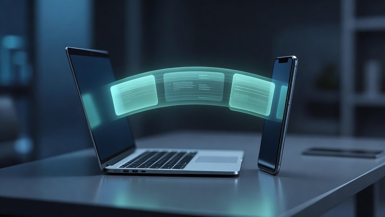 Abstract illustration of a glowing digital ID card being verified between a phone and a laptop