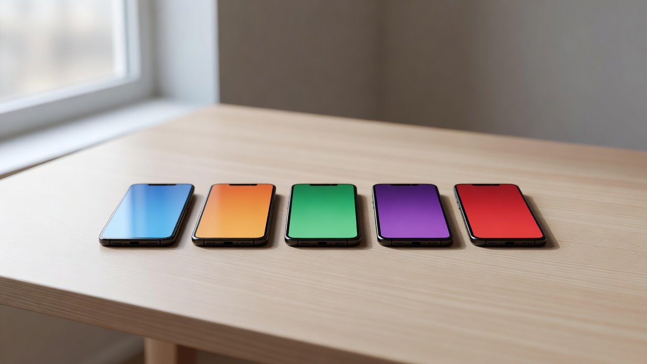 Row of minimalist smartphone silhouettes each glowing a different soft color on a wooden desk