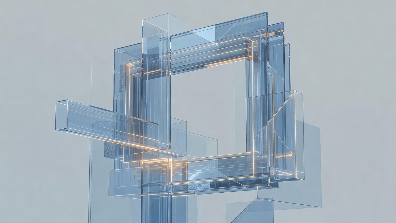Abstract illustration of interlocking geometric layers assembling into a window frame, representing a rendering engine built from components
