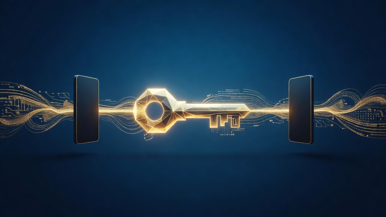 Abstract illustration of a cryptographic key shape moving between two device silhouettes over an encrypted channel
